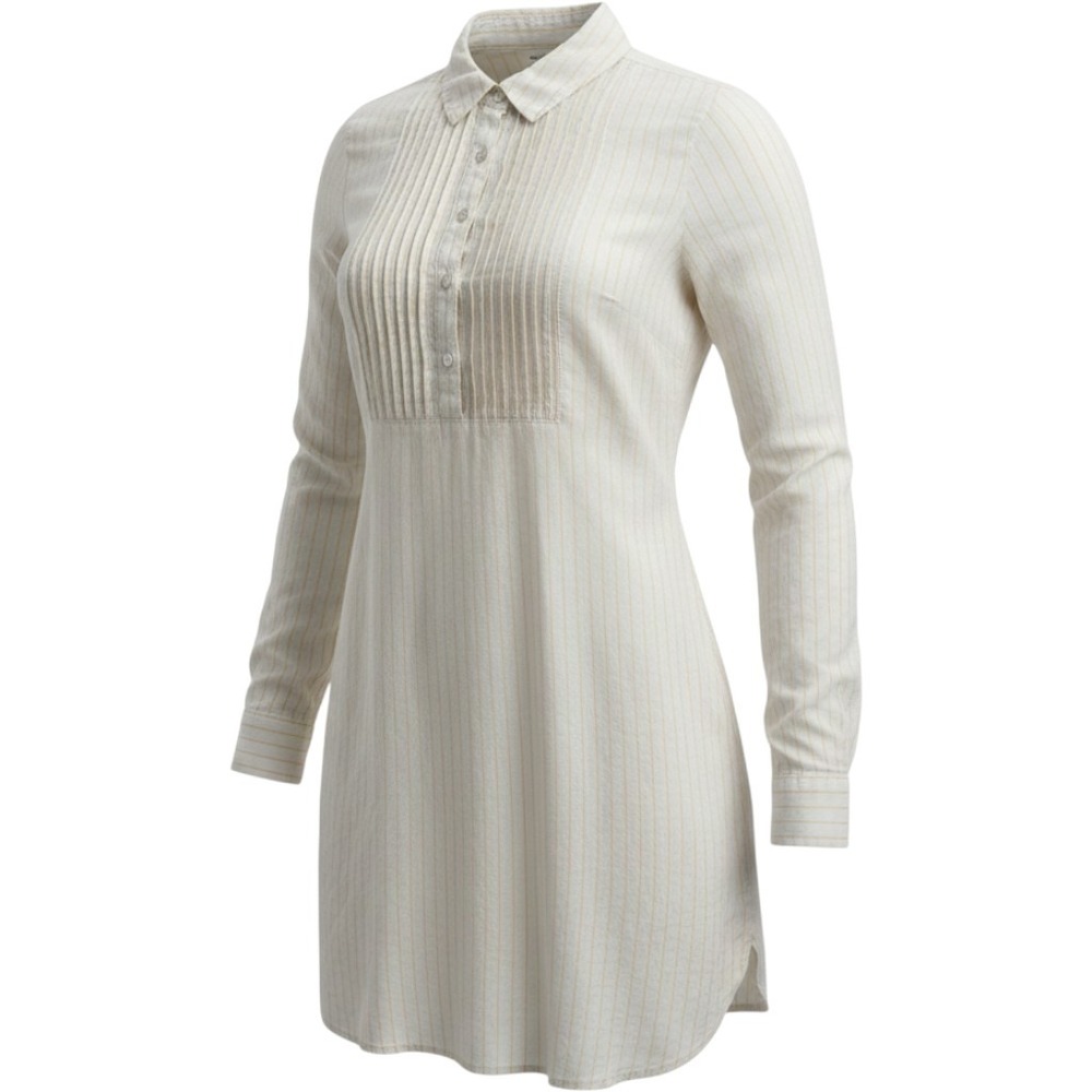 100% Linen Tunic Dress‎ Top Yellow Striped Pleated Bib Long Sleeve Shirt Cream M